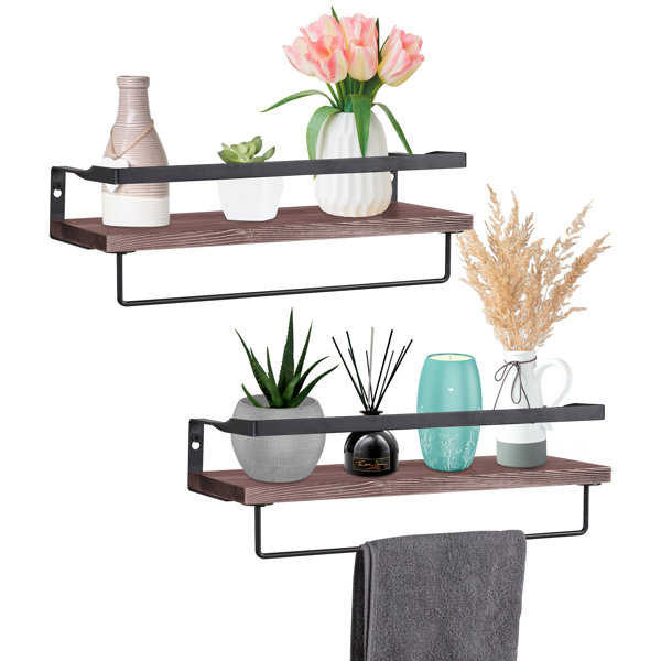 17 Stories 2 Piece Solid Wood Floating Shelf with Towel Bar Wayfair